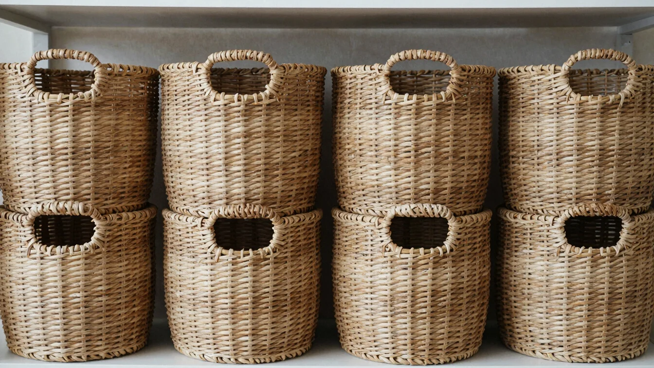 A stack of woven storage baskets on a shelf, soft natural light,
