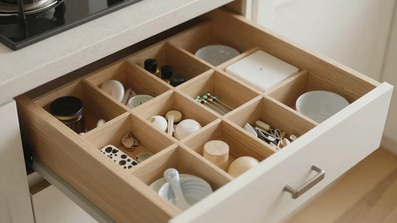 A neatly organized drawer with dividers for small items in a comp