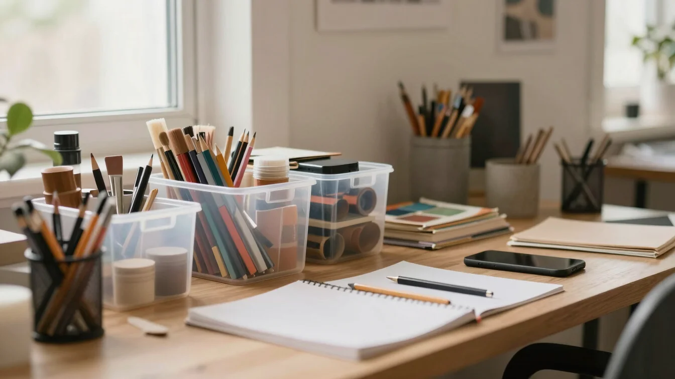 A creative workspace with art supplies neatly stored in clear con
