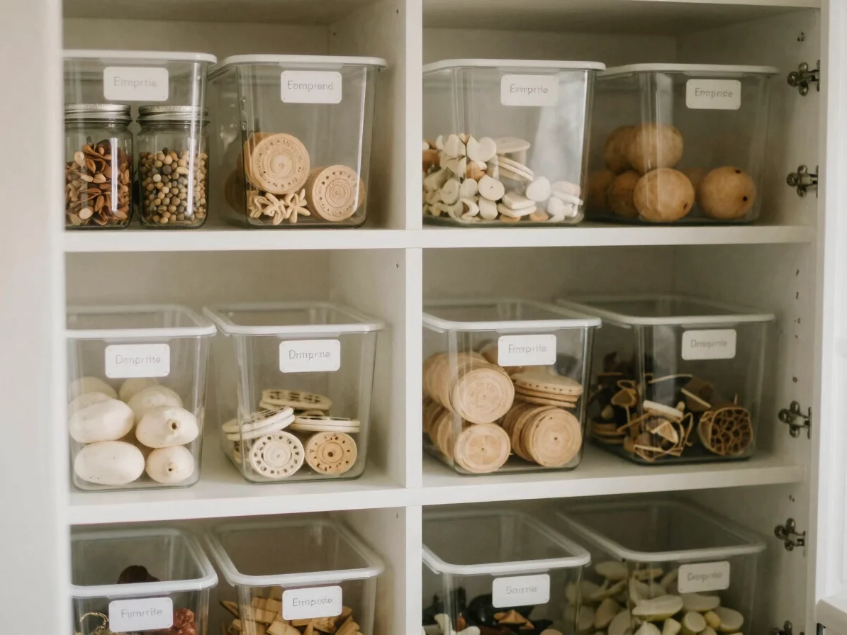 Warm editorial photography of a tidy kitchen pantry with clear st