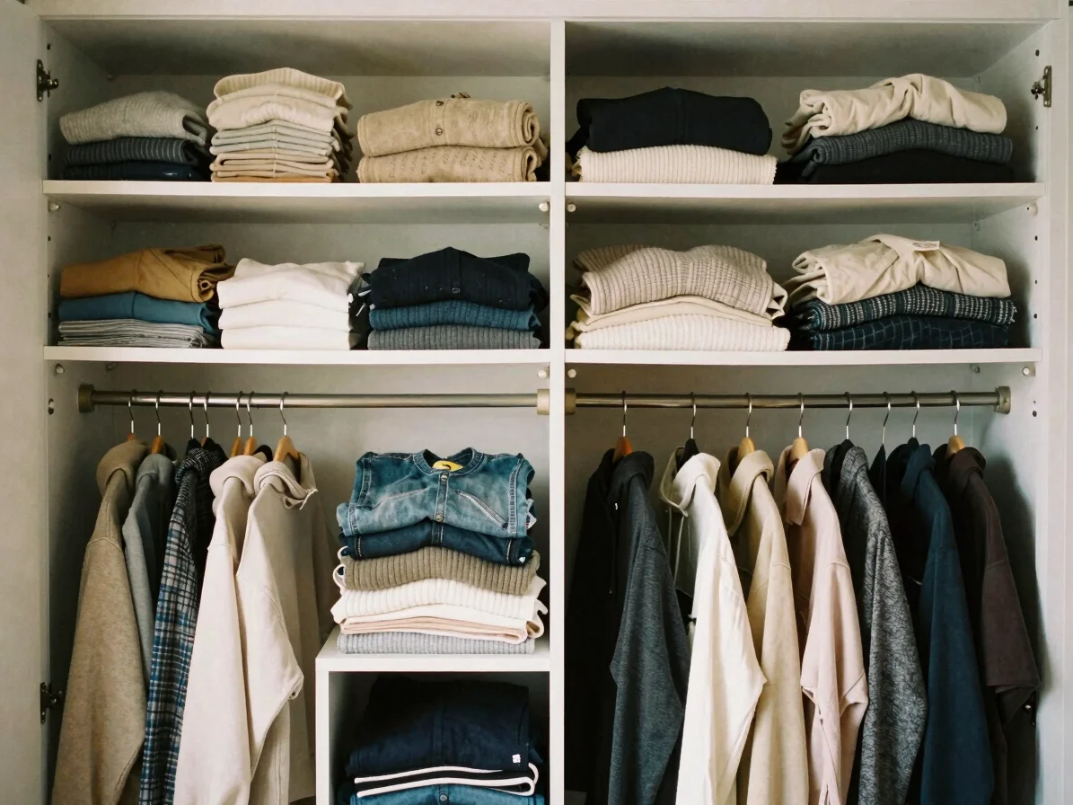 Soft natural daylight on an organized closet with clothes neatly