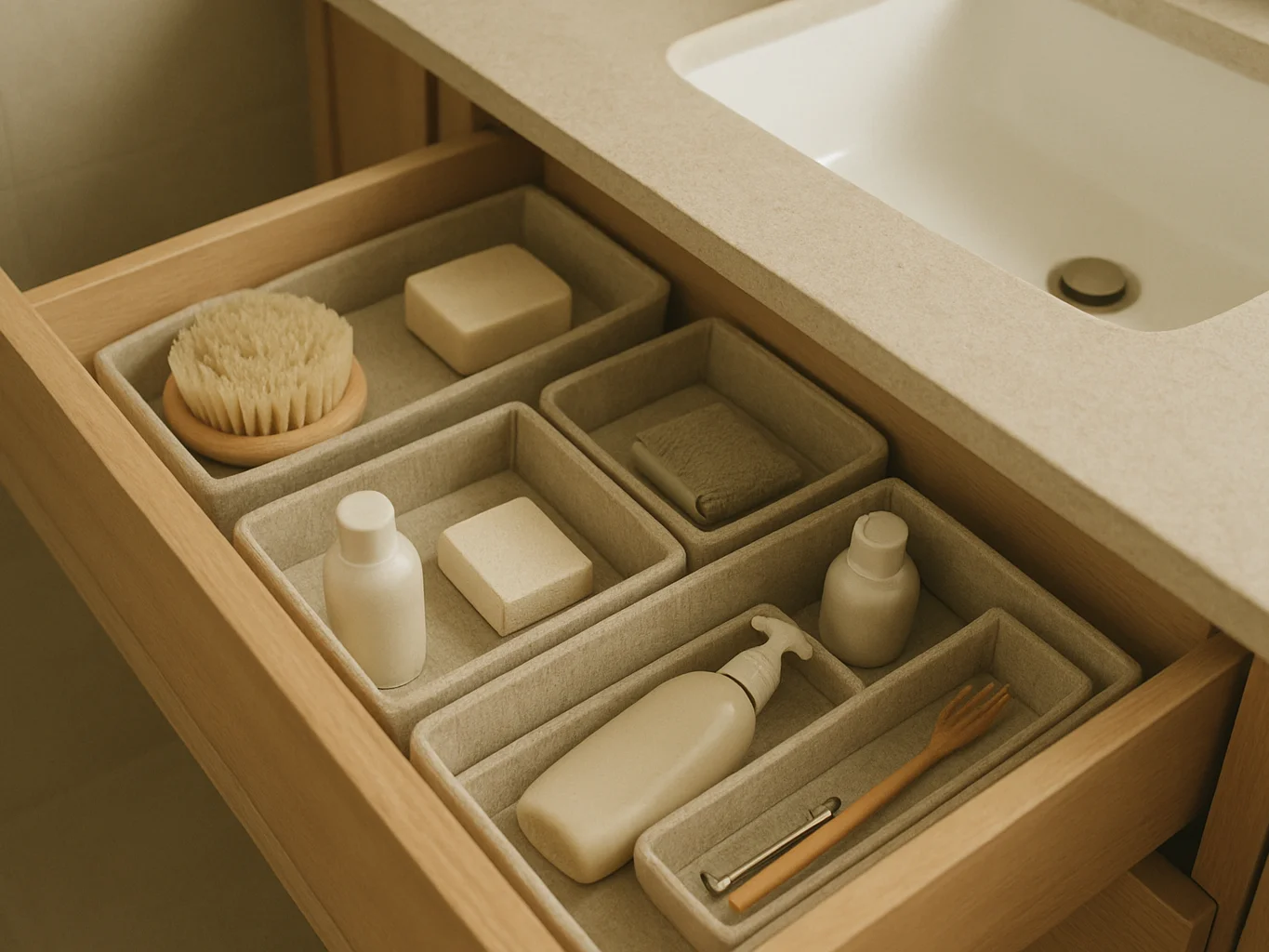 Clean indoor framing of a bathroom vanity drawer with small organ