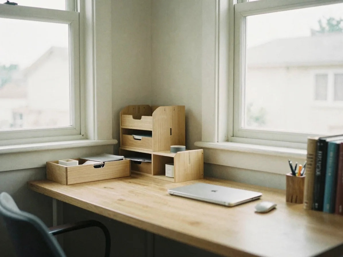 Eye-level interior vignette of a tidy home office desk with minim