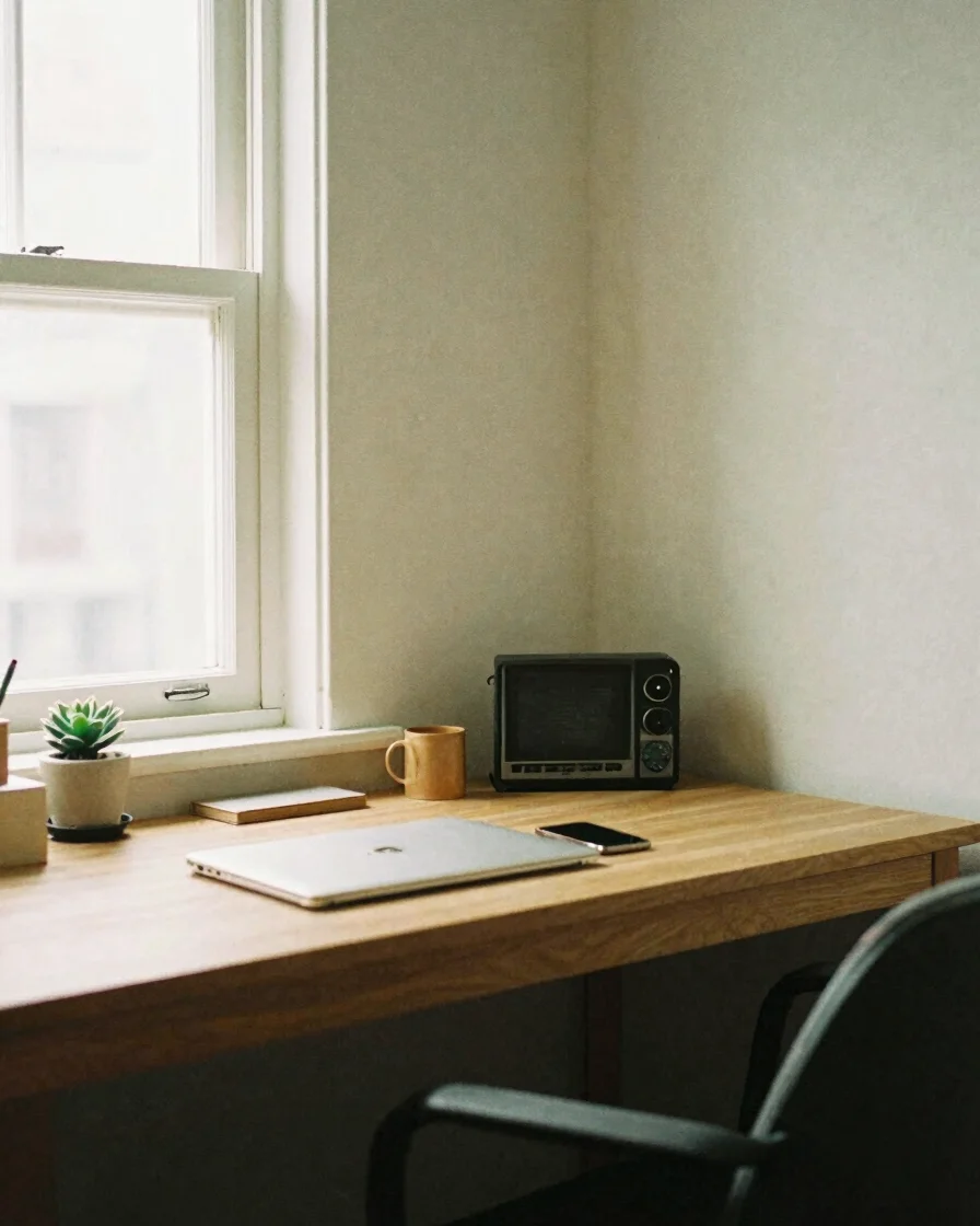 A cozy, lived-in home office corner with natural light, simple wo