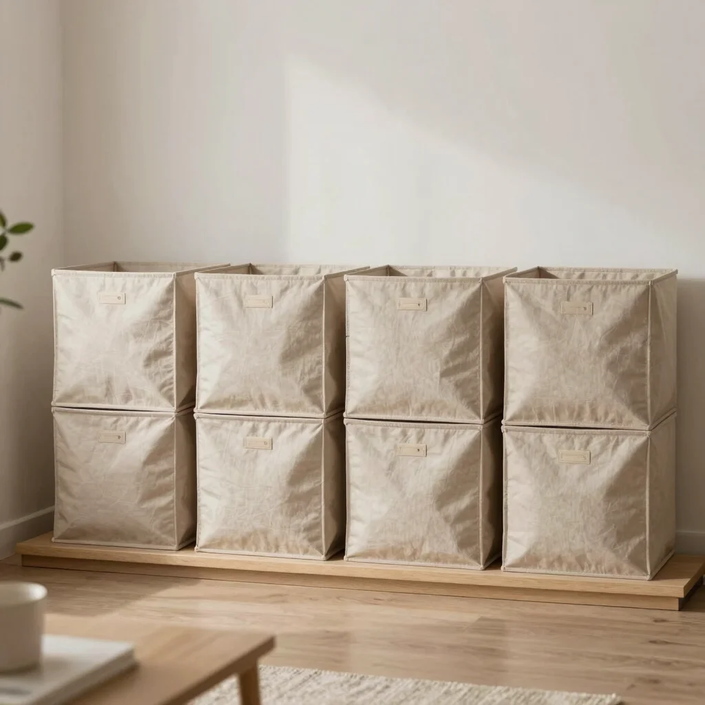 A set of stackable fabric storage cubes on a shelf in a living ro