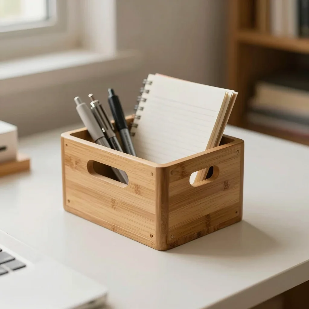 A small, functional desk caddy made of bamboo, holding pens and n