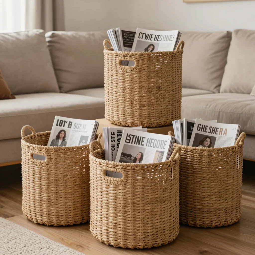 Woven storage baskets of different sizes, holding throws and maga