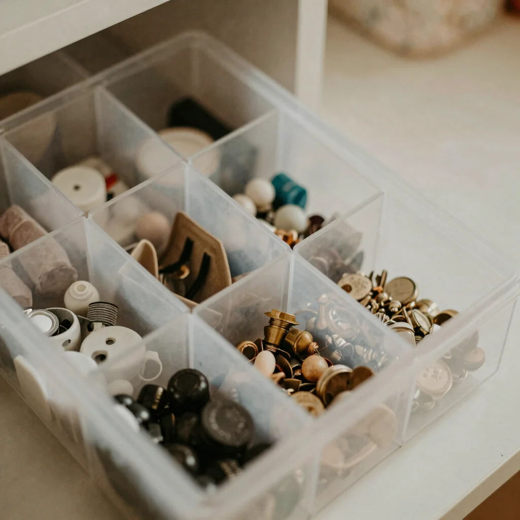 Overhead detail shot of clear plastic drawer dividers filled with small items, soft natural daylight, neutral earth tone