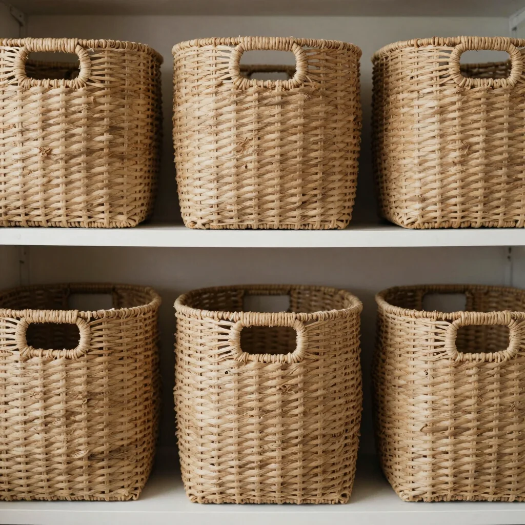 Medium shot of woven storage baskets on a shelf, functional and budget-friendly, soft natural daylight, neutral earth to
