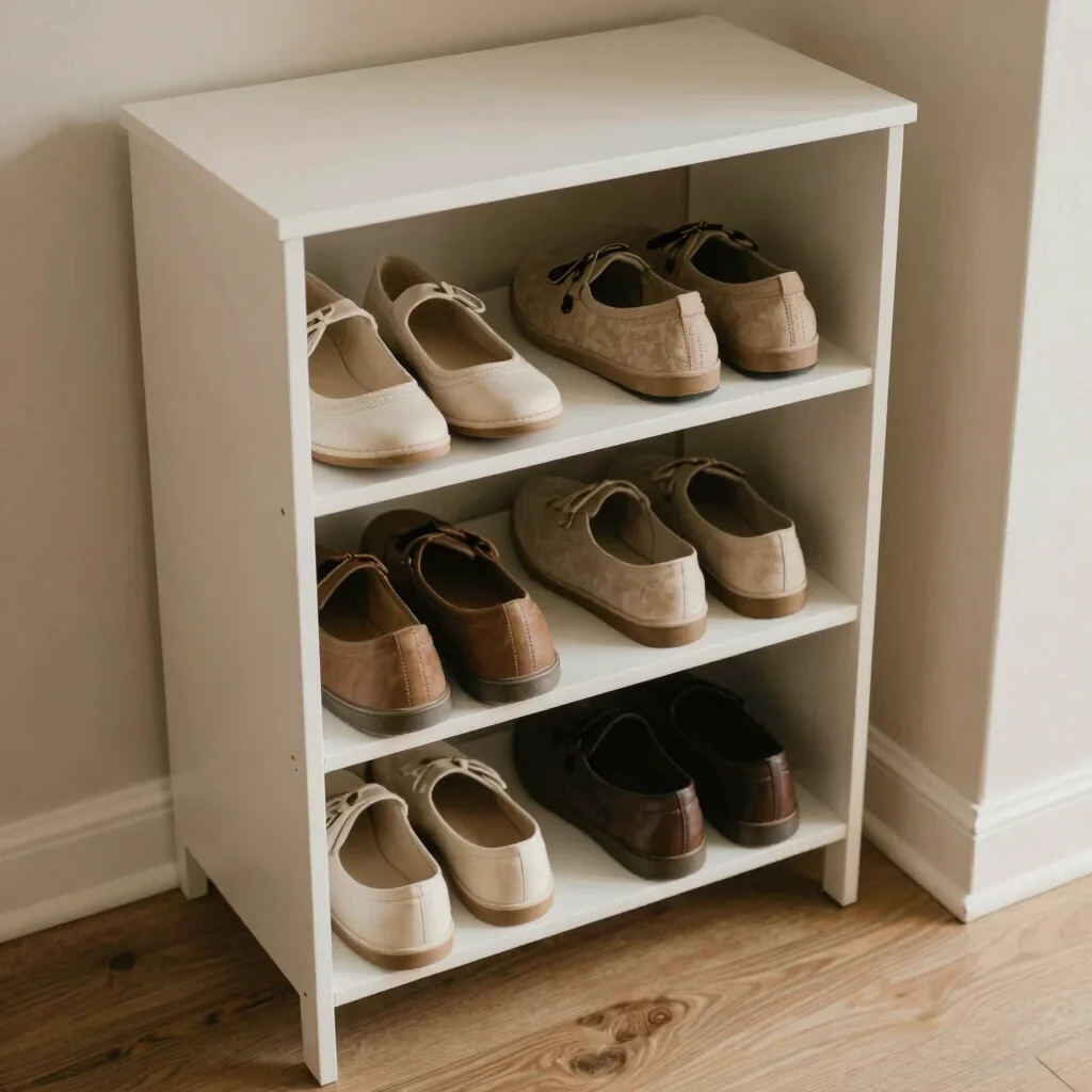 Simple overhead detail shot of a stackable shoe rack in a entryway, budget storage, soft natural daylight, neutral earth