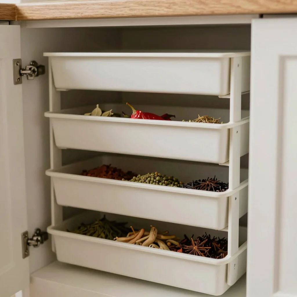 Close-up of a multi-tiered spice rack inside a kitchen cabinet, budget-friendly organization, soft natural daylight, neu