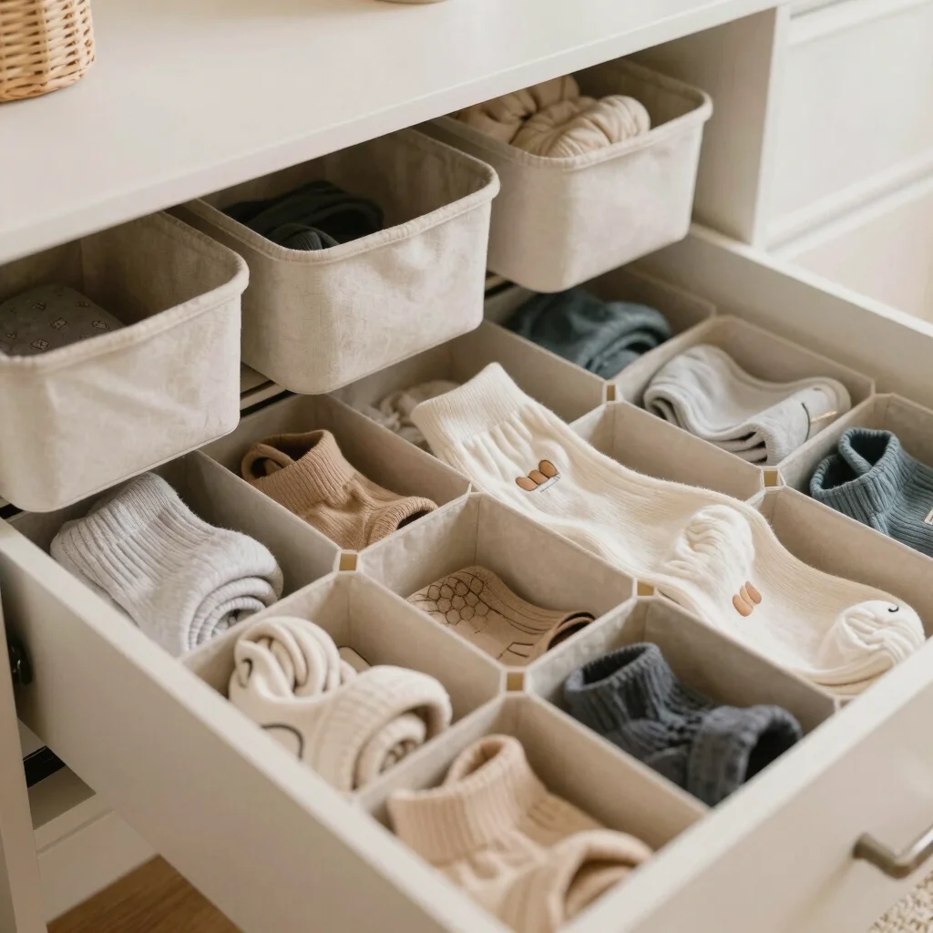 Drawer setup with honeycomb organizers for socks, budget storage bins in active use, soft natural daylight, neutral eart