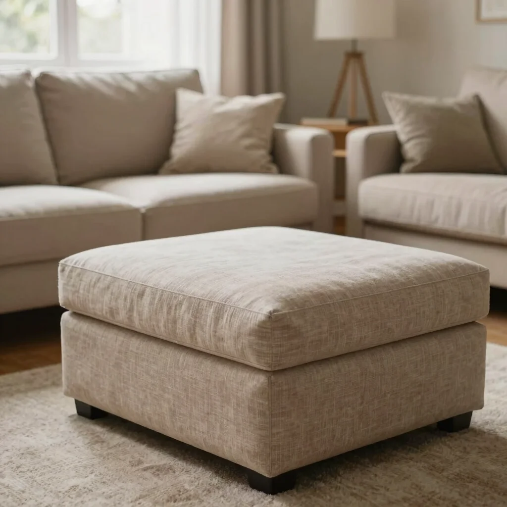 Cozy corner of a living room with a fabric storage ottoman, budget-friendly storage, soft natural daylight, neutral eart