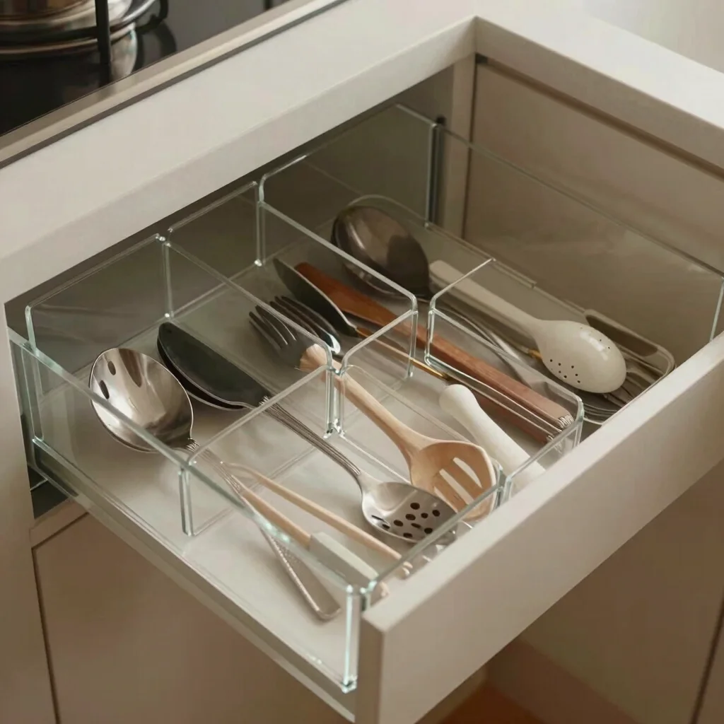Simple clear acrylic drawer organizers in a kitchen drawer with n